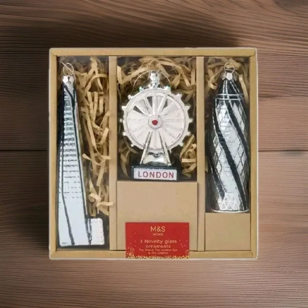 M&S Marks Spencer London Glass Christmas Ornaments Shard Eye Gherkin Set 3 NEW